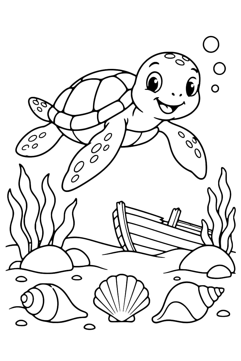 Dessin en noir et blanc d’une tortue souriante nageant au-dessus d’un fond marin avec des algues, une épave et des coquillages.