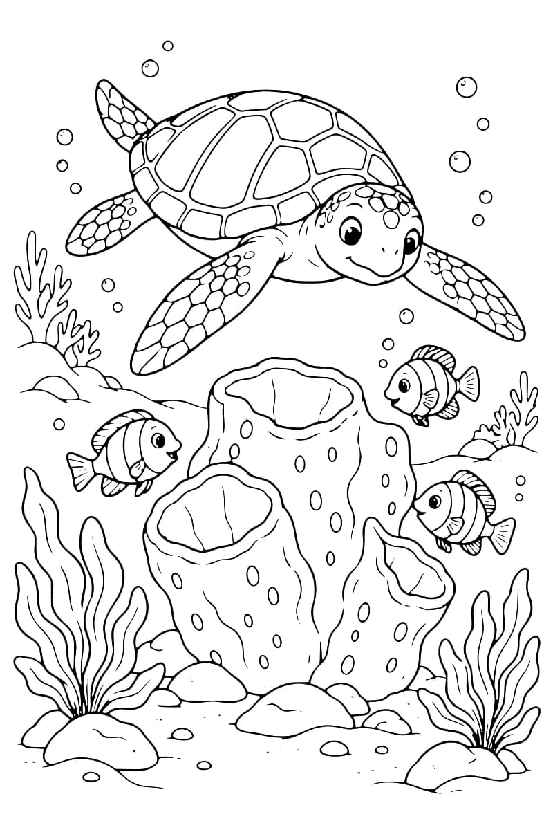 Dessin à colorier d’une tortue marine au-dessus d’une éponge à trois grandes ouvertures, avec trois poissons autour, des bulles, des algues et des rochers sur le fond marin.