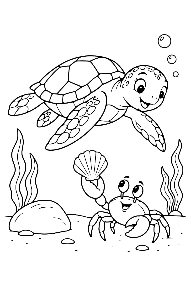 Dessin à colorier d’une tortue marine souriante nageant au-dessus d’un crabe qui tient un coquillage dans une pince, avec des algues, des rochers et des bulles.