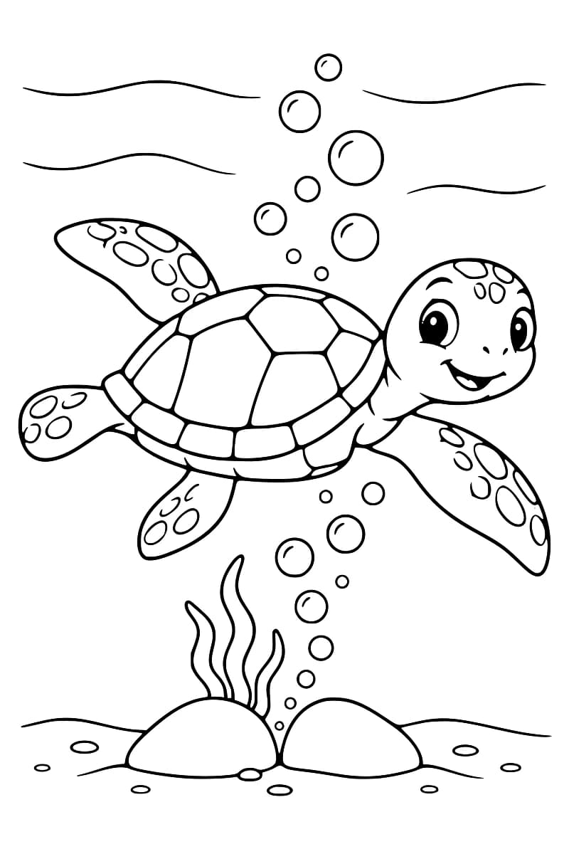 Dessin à colorier d’une tortue marine souriante, avec une carapace à écailles et quatre nageoires, entourée de bulles au-dessus de deux rochers et d’algues.