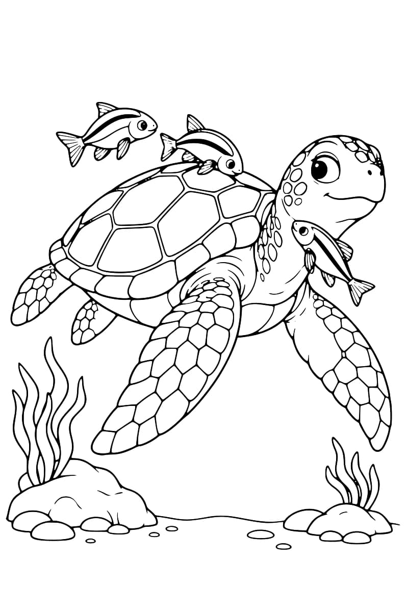 Dessin en noir et blanc d’une grande tortue marine, avec deux poissons au-dessus de sa carapace et un troisième près de son cou, sur un fond de rochers, de galets et d’algues.