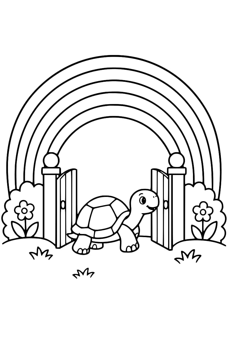 Dessin au trait noir d’une tortue passant entre les deux battants ouverts d’un portillon sous un grand arc-en-ciel, avec des fleurs, des buissons et des touffes d’herbe.