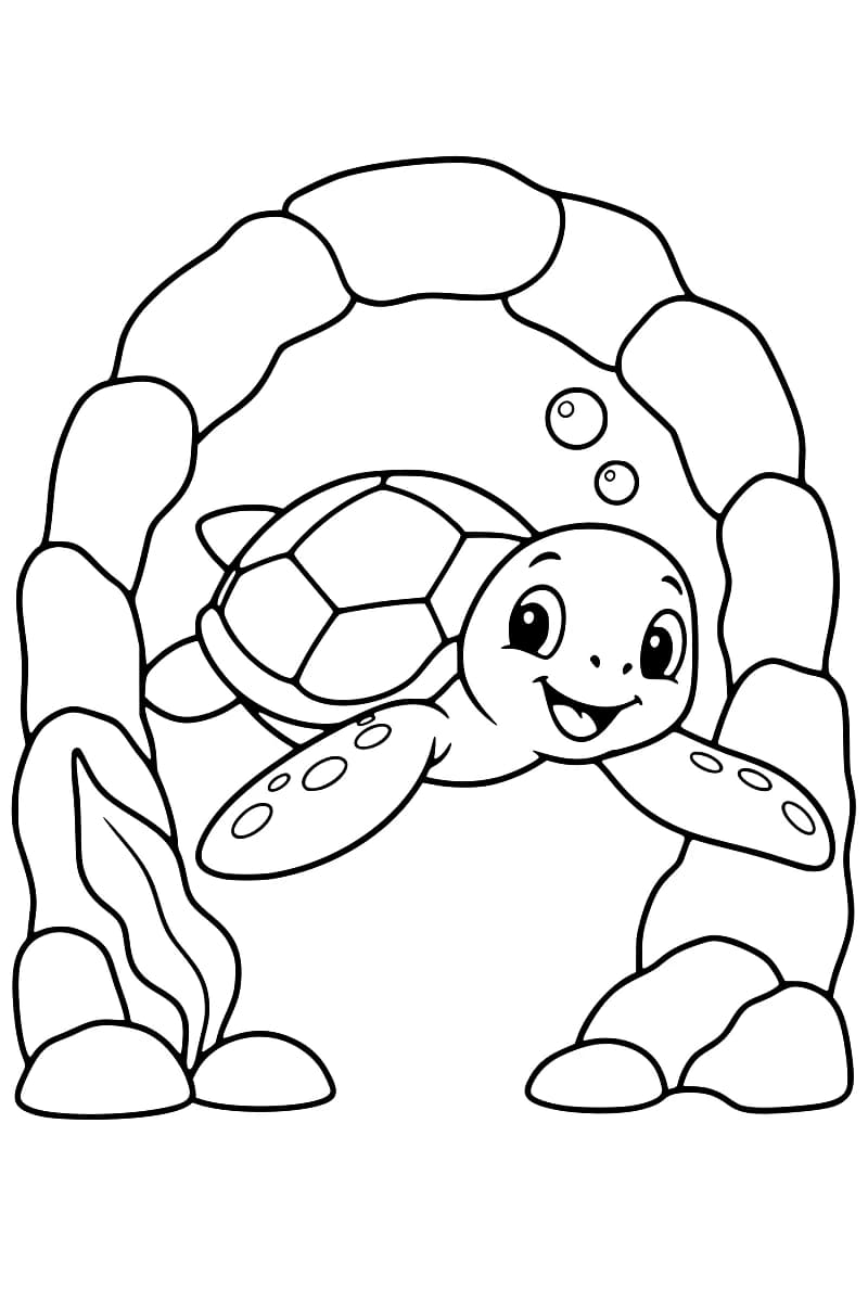 Dessin en noir et blanc d’une tortue marine souriante, les nageoires déployées sous une arche de rochers, avec deux bulles au-dessus de sa tête et une algue en bas à gauche.