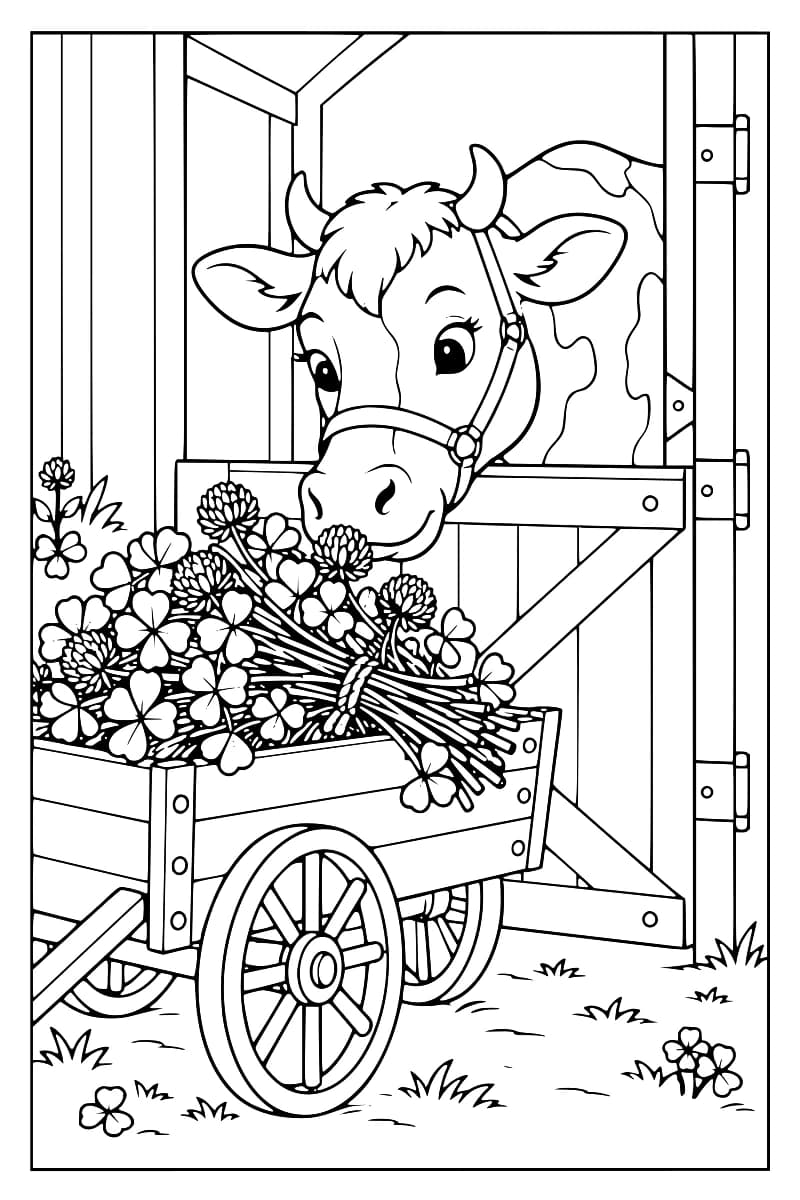 Dessin au trait noir d’une vache portant un licol et passant la tête au-dessus d’une porte en bois, devant une charrette à roues chargée de bouquets de trèfle.