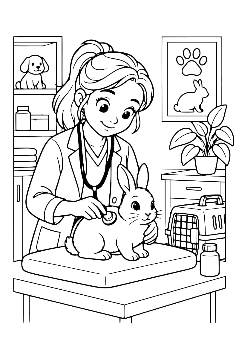 Dessin en noir et blanc d’une vétérinaire examinant un lapin avec un stéthoscope, entourée d’une cage de transport, d’étagères et de matériel de soins.