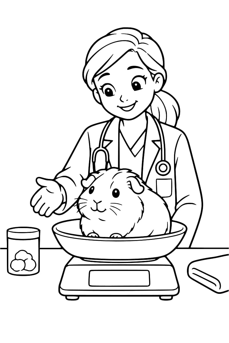 Dessin en noir et blanc d’une vétérinaire souriante derrière un cochon d’Inde assis dans la coupelle d’une balance, avec un pot et un linge plié sur la table.