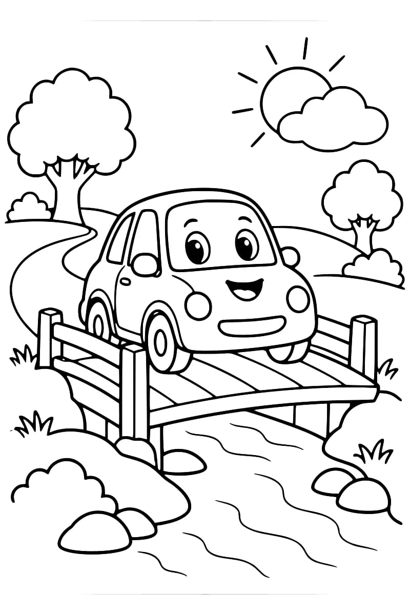 Dessin en noir et blanc d’une voiture avec des yeux et un sourire sur un pont en bois, au-dessus d’un ruisseau bordé de rochers, de buissons et d’arbres, avec un soleil partiellement caché par un nuage.