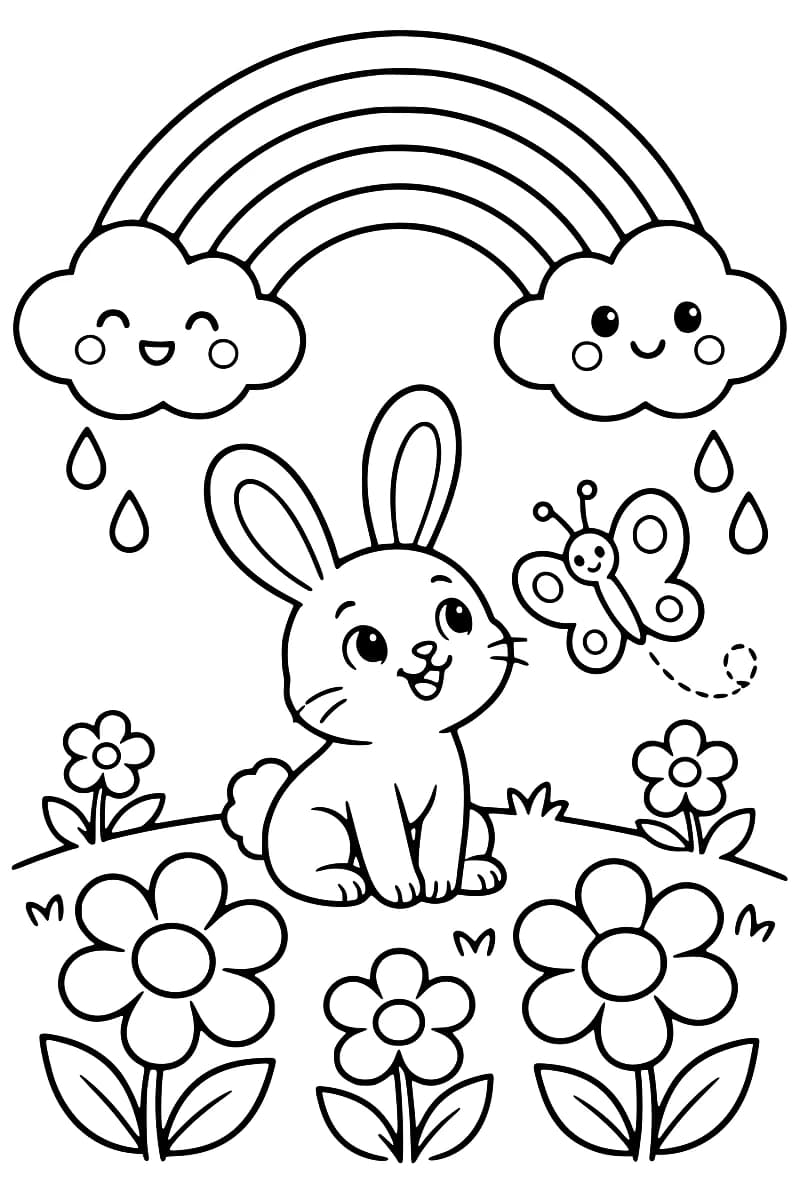 Dessin en noir et blanc représentant un lapin, un papillon, des fleurs, des gouttes de pluie et un arc-en-ciel entre deux nuages.