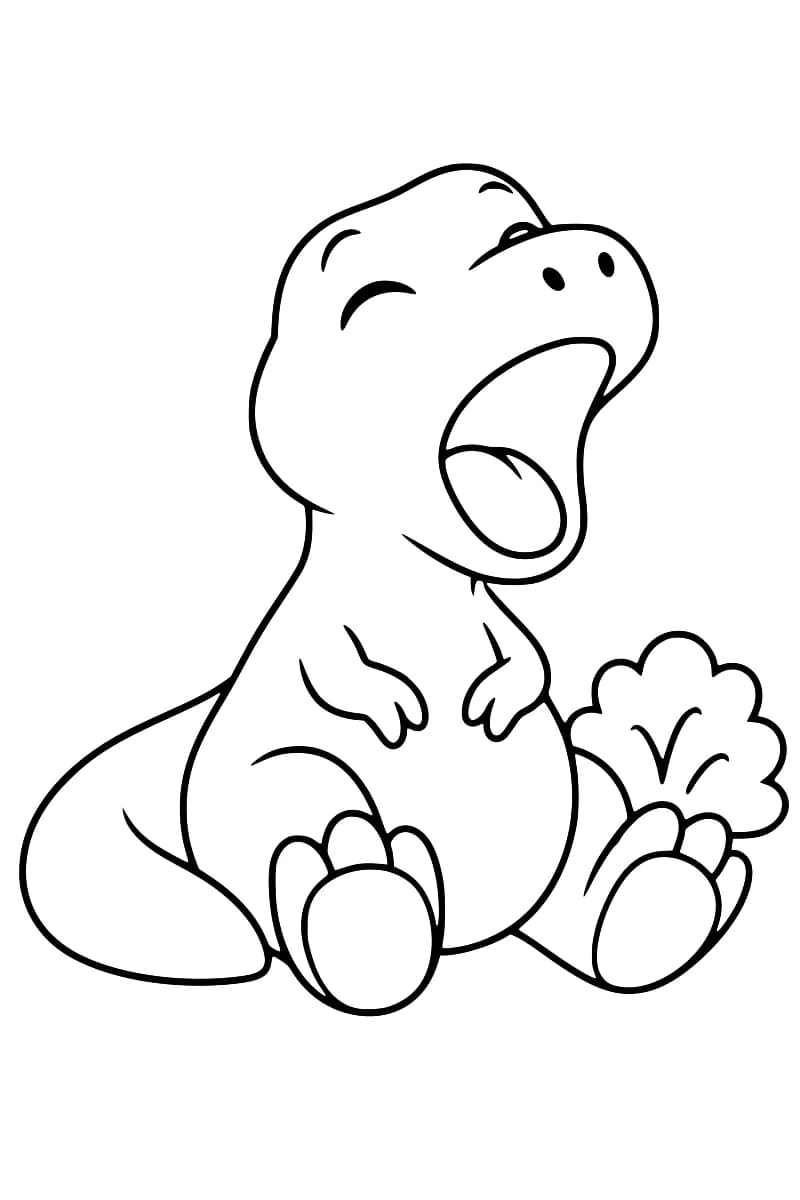 Dessin en noir et blanc d’un petit tyrannosaure assis, les yeux fermés et la bouche grande ouverte, avec deux petits bras devant le ventre, les pattes écartées et la queue étendue au sol à gauche ; un buisson se trouve à droite.