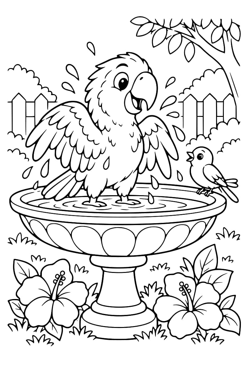 Dessin à colorier d’un perroquet aux ailes déployées dans une vasque sur pied, entouré de gouttes d’eau, avec un petit oiseau sur le bord, des fleurs au sol et une clôture en arrière-plan.