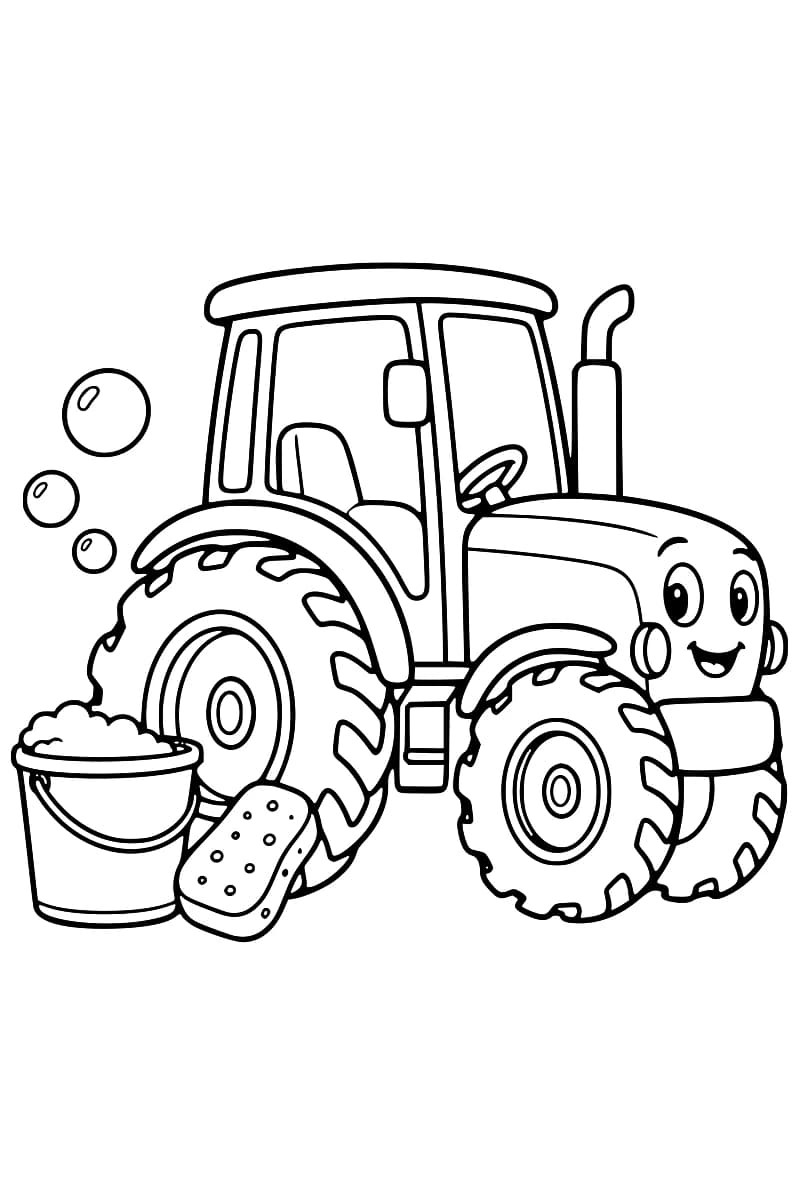 Dessin en noir et blanc d’un tracteur souriant vu de trois quarts, avec un seau rempli de mousse et une grosse éponge devant sa roue arrière, ainsi que trois bulles à gauche.