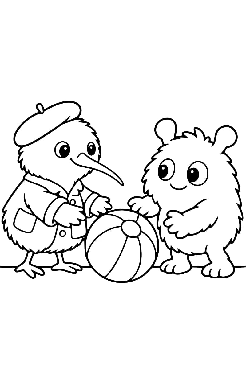 Dessin en noir et blanc montrant un oiseau en béret et un petit monstre souriant autour d’un gros ballon.
