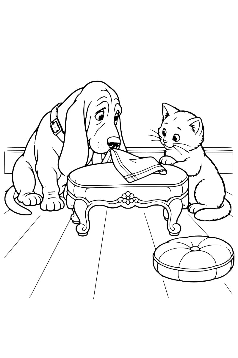Dessin au trait noir d’un basset à gauche et d’un chaton à droite d’une petite table aux pieds courbés, ornée d’une fleur. Le chien tient un coin de la serviette dans sa gueule et le chaton pose ses pattes sur le bord de la table. Un coussin rond repose au premier plan sur le parquet.