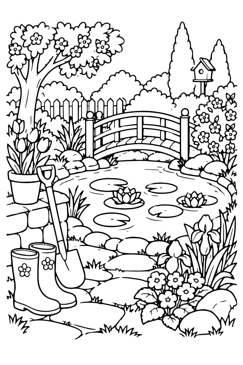 Illustration en noir et blanc d’un bassin de jardin avec nénuphars, pont en bois, fleurs, nichoir, bottes et bêche.