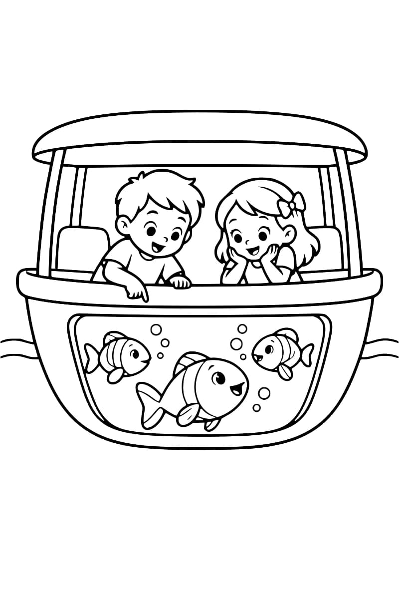 Dessin en noir et blanc d’un bateau couvert avec deux enfants souriants à bord et trois poissons entourés de bulles derrière une grande vitre dans la coque.