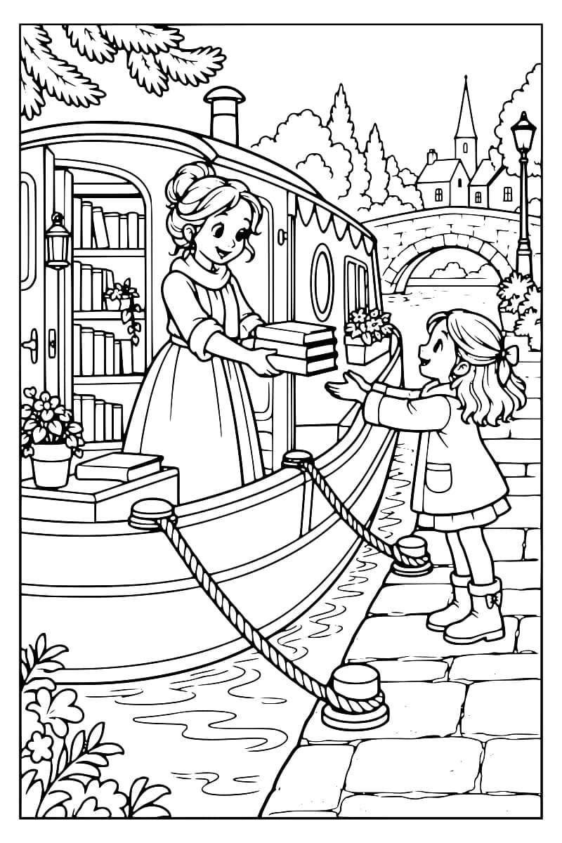 Dessin en noir et blanc d’une femme à bord d’un bateau garni d’étagères de livres, tendant trois livres à une petite fille sur un quai pavé, avec un pont de pierre et des maisons à l’arrière-plan.