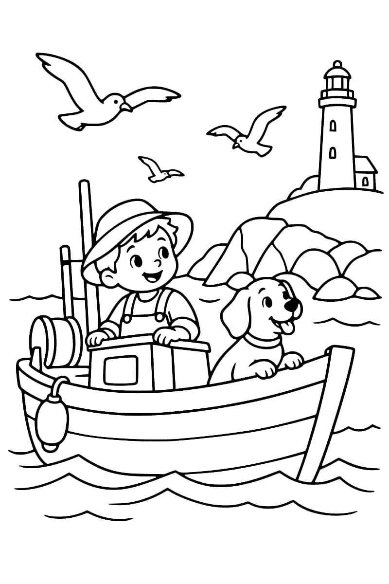 Dessin en noir et blanc d’un enfant et de son chien à bord d’un bateau, avec un phare, des rochers et trois mouettes en arrière-plan.