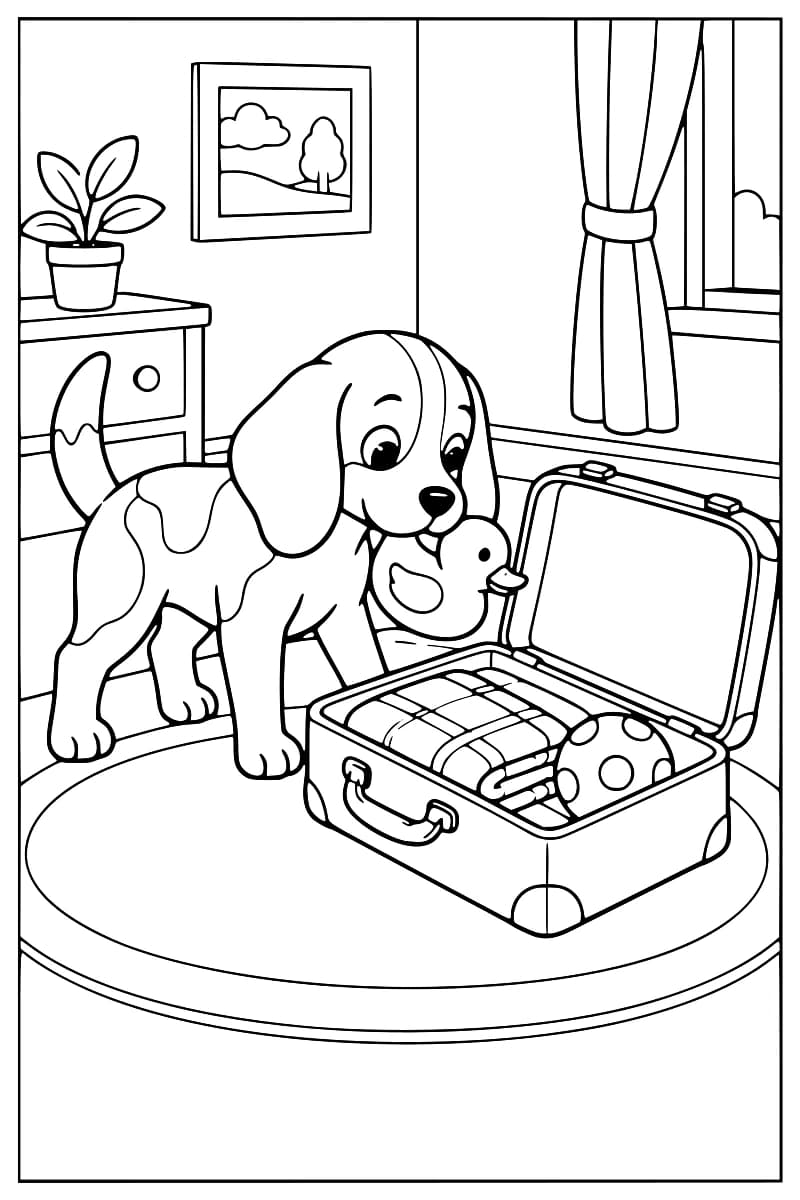 Dessin en noir et blanc d’un beagle tenant un canard-jouet devant une valise ouverte posée sur un tapis ovale, avec une couverture pliée et une balle à pois à l’intérieur.
