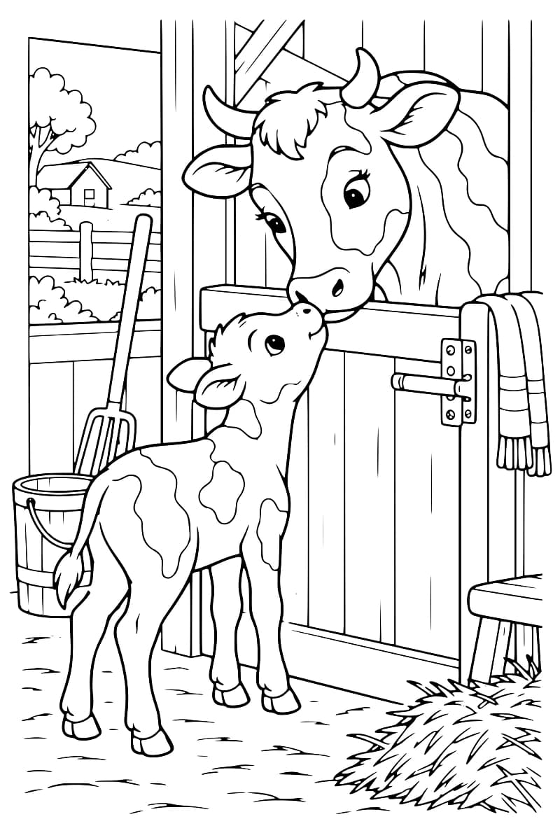Dessin en noir et blanc d’une vache et d’un veau qui se touchent le museau par-dessus une porte d’étable, avec une fourche, un seau, un tissu suspendu et un tas de paille.