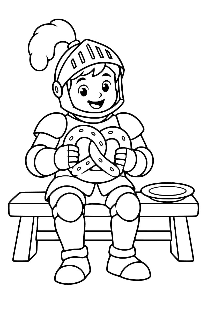 Dessin au trait noir sur fond blanc d’un chevalier souriant en armure, coiffé d’un casque à plume, assis sur un banc et tenant un grand bretzel à deux mains, avec une assiette posée à côté de lui.