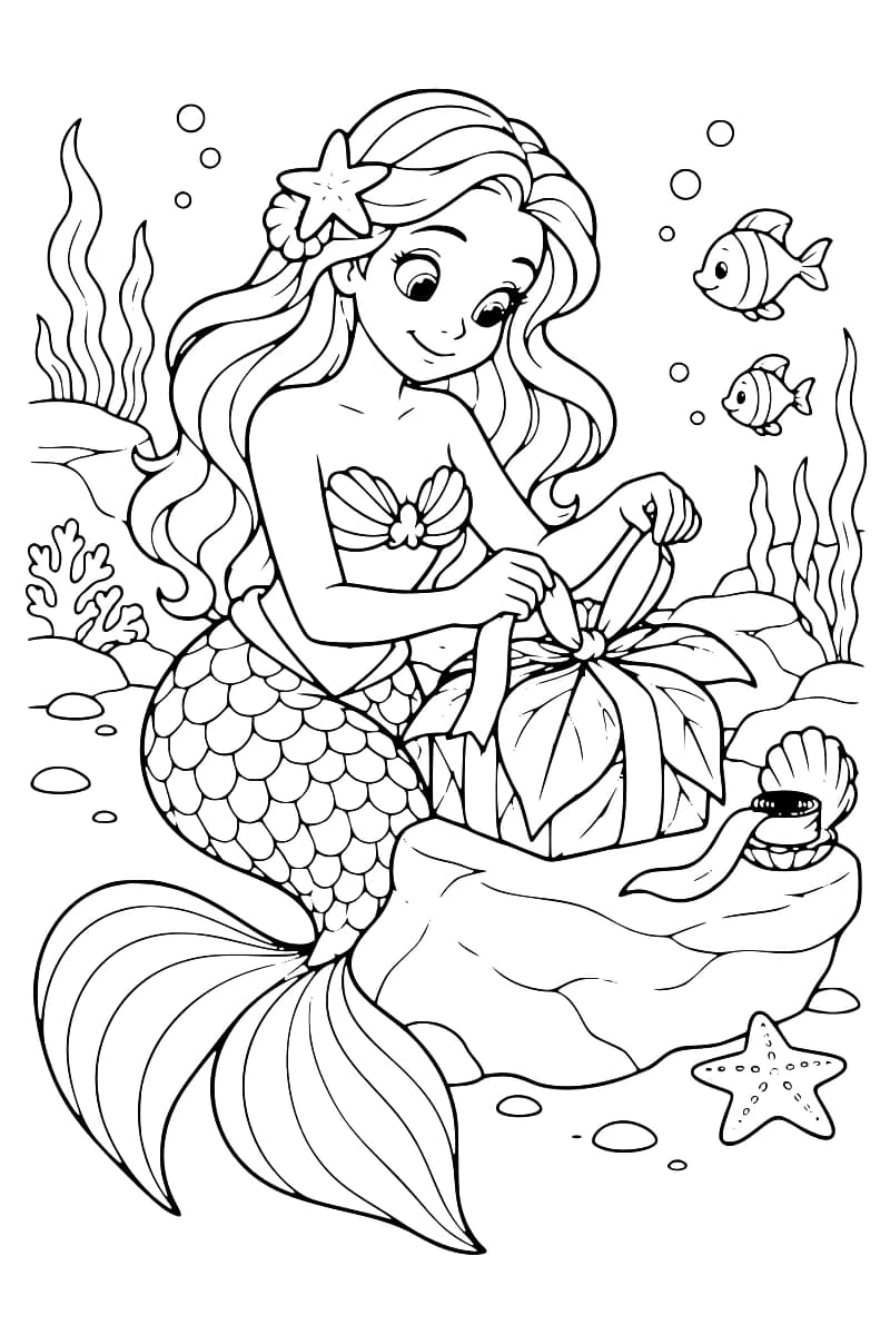 Dessin à colorier d’une sirène aux longs cheveux ornés d’une étoile de mer, nouant le ruban d’un paquet couvert de feuilles sur un rocher, avec deux poissons, des algues, un coquillage ouvert et une étoile de mer au sol.