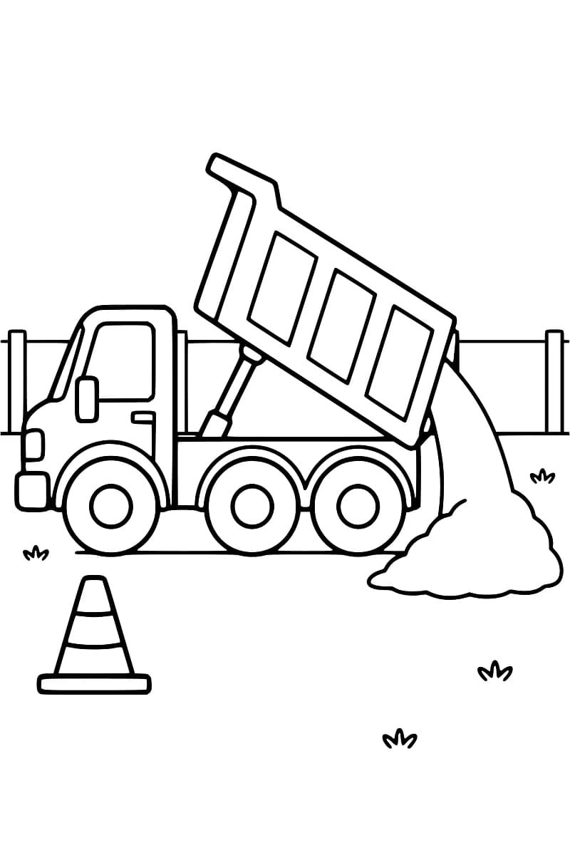 Dessin en noir et blanc d’un camion à trois roues visibles, la benne levée, déversant du sable en tas à l’arrière, avec un cône au premier plan et une barrière en arrière-plan.