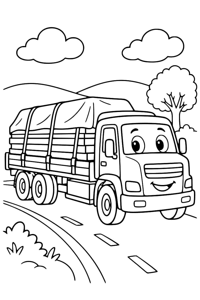 Dessin à colorier d’un camion à plateau chargé de planches bâchées, roulant sur une route de campagne.