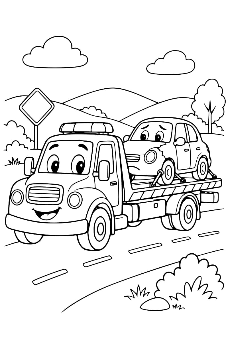 Dessin en noir et blanc d’un camion de dépannage transportant une petite voiture sur une route.