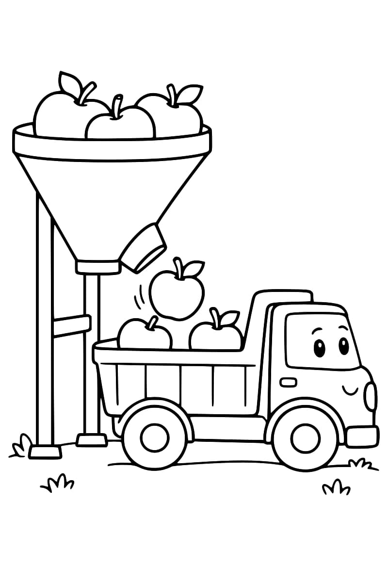 Camion souriant chargé de pommes sous une trémie remplie de fruits.