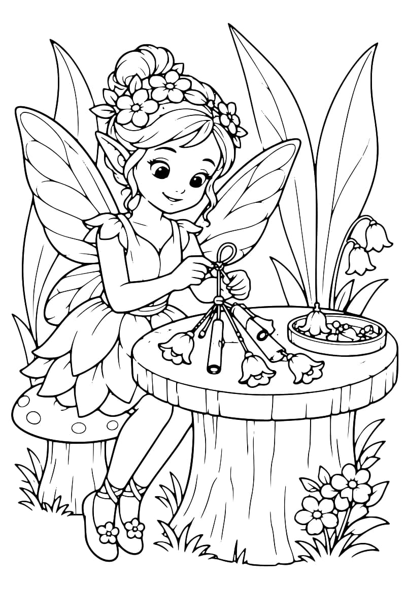 Dessin en noir et blanc d’une fée ailée, coiffée d’un chignon fleuri et vêtue d’une robe de pétales, qui assemble un carillon sur une table en souche, entourée de grandes feuilles et de fleurs.