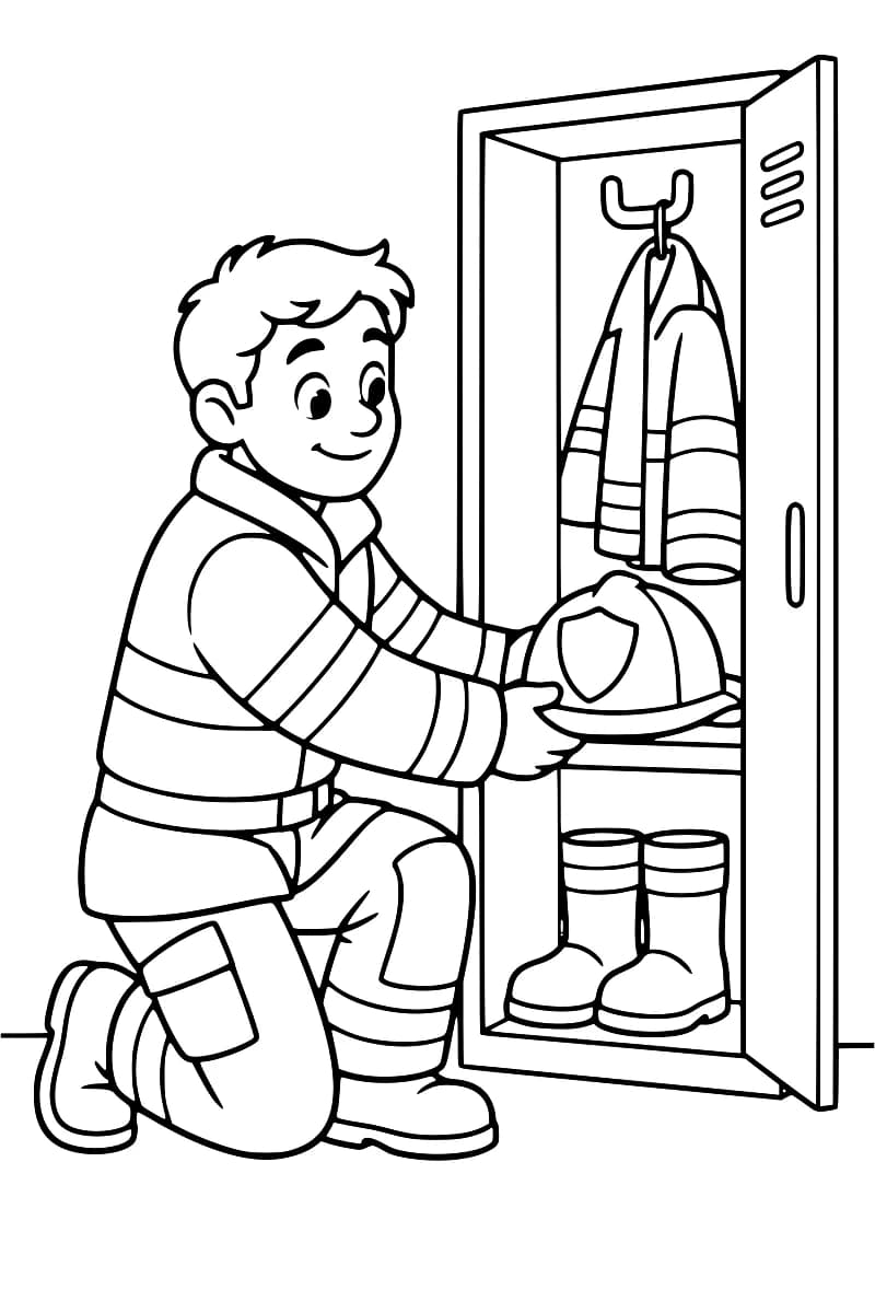 Dessin en noir et blanc d’un pompier souriant, un genou à terre, tenant un casque devant une étagère de son casier ouvert, avec une veste suspendue en haut et une paire de bottes en bas.
