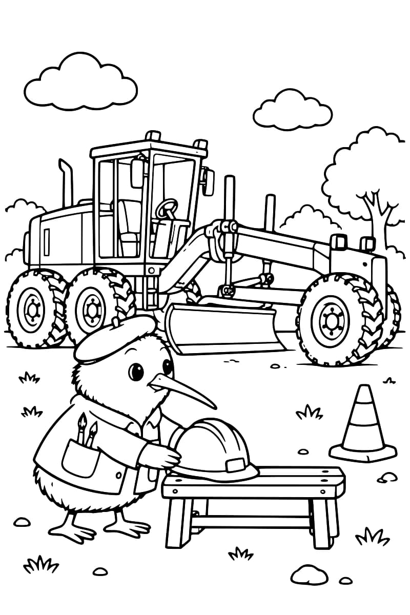 Dessin en noir et blanc d’un kiwi en béret et en veste, les mains sur un casque posé sur un banc, avec une grande niveleuse, un cône de chantier, un arbre et des nuages à l’arrière-plan.
