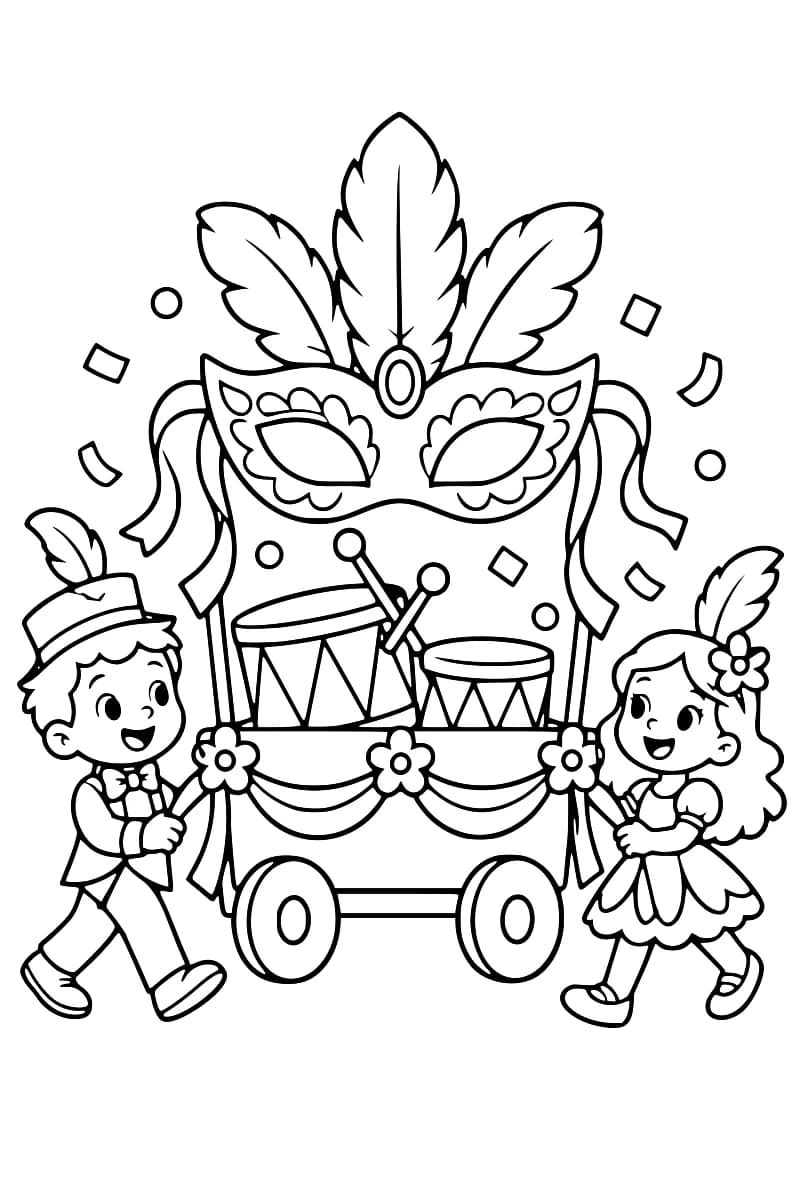 Dessin en noir et blanc d’un char de carnaval avec un grand masque à plumes, des rubans, deux tambours, des confettis et deux enfants costumés.