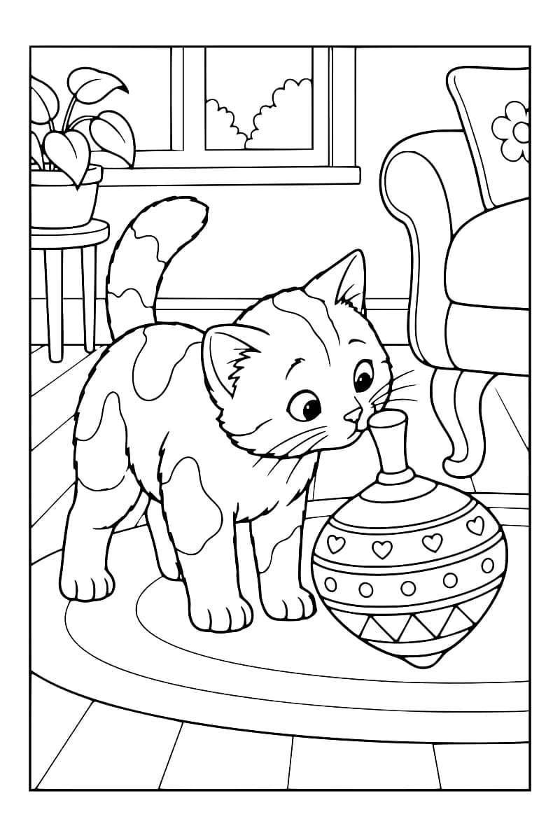 Dessin à colorier d’un chat debout, la queue relevée et le museau contre le sommet d’une toupie ornée de cœurs, de ronds et de triangles. Un fauteuil, une fenêtre et une plante en pot complètent la scène.