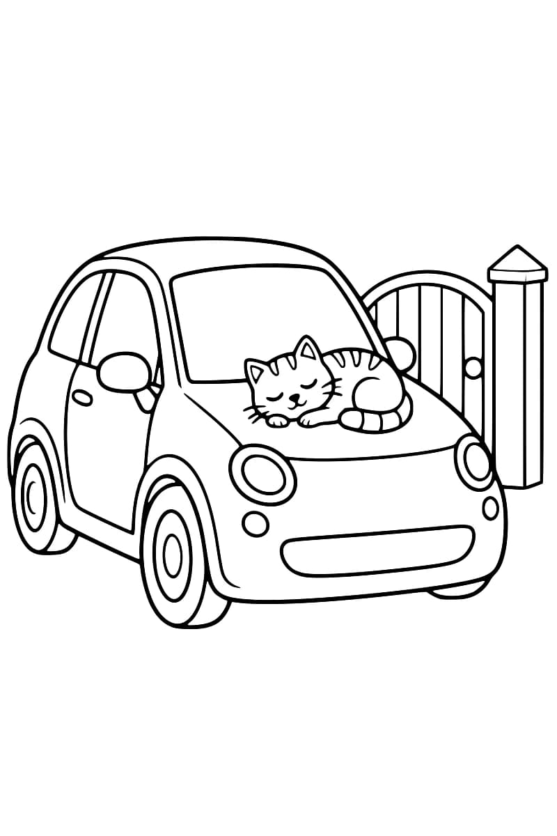 Dessin en noir et blanc d’un chat rayé endormi sur le capot d’une petite voiture vue de trois quarts, avec un portail et un pilier à l’arrière-plan.