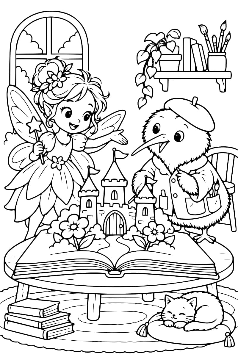 Dessin à colorier d’une fée tenant une baguette étoilée et d’un oiseau en béret devant un château dressé sur les pages d’un livre ouvert, posé sur une table ronde. Un chat dort sur un coussin au sol, près d’une pile de livres.