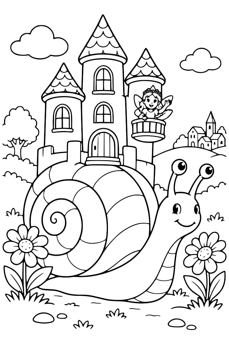 Dessin à colorier d’un escargot souriant portant sur sa coquille un château à trois tours et une fée ailée au balcon, entouré de fleurs, avec des arbres, des nuages et un village à l’arrière-plan.