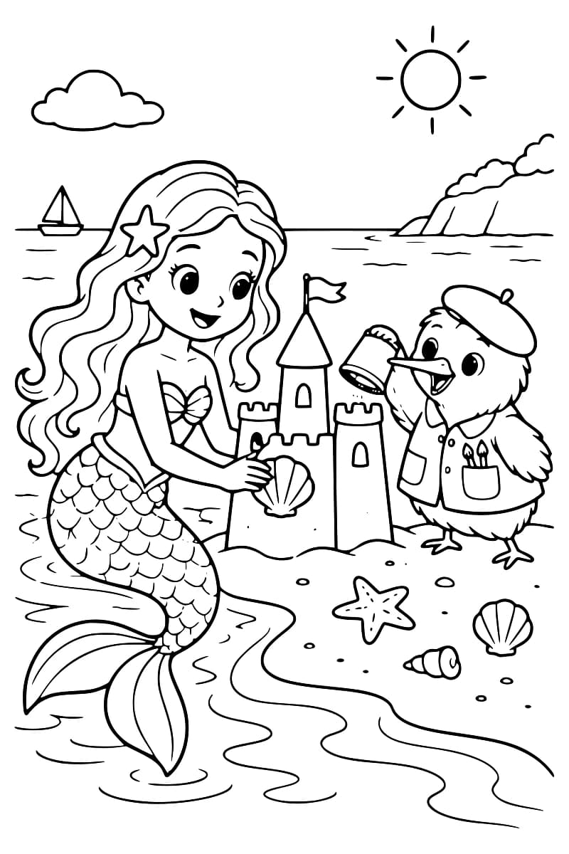 Dessin à colorier d’une sirène et d’un oiseau en béret près d’un château de sable sur la plage, avec des coquillages, une étoile de mer, un voilier et le soleil.
