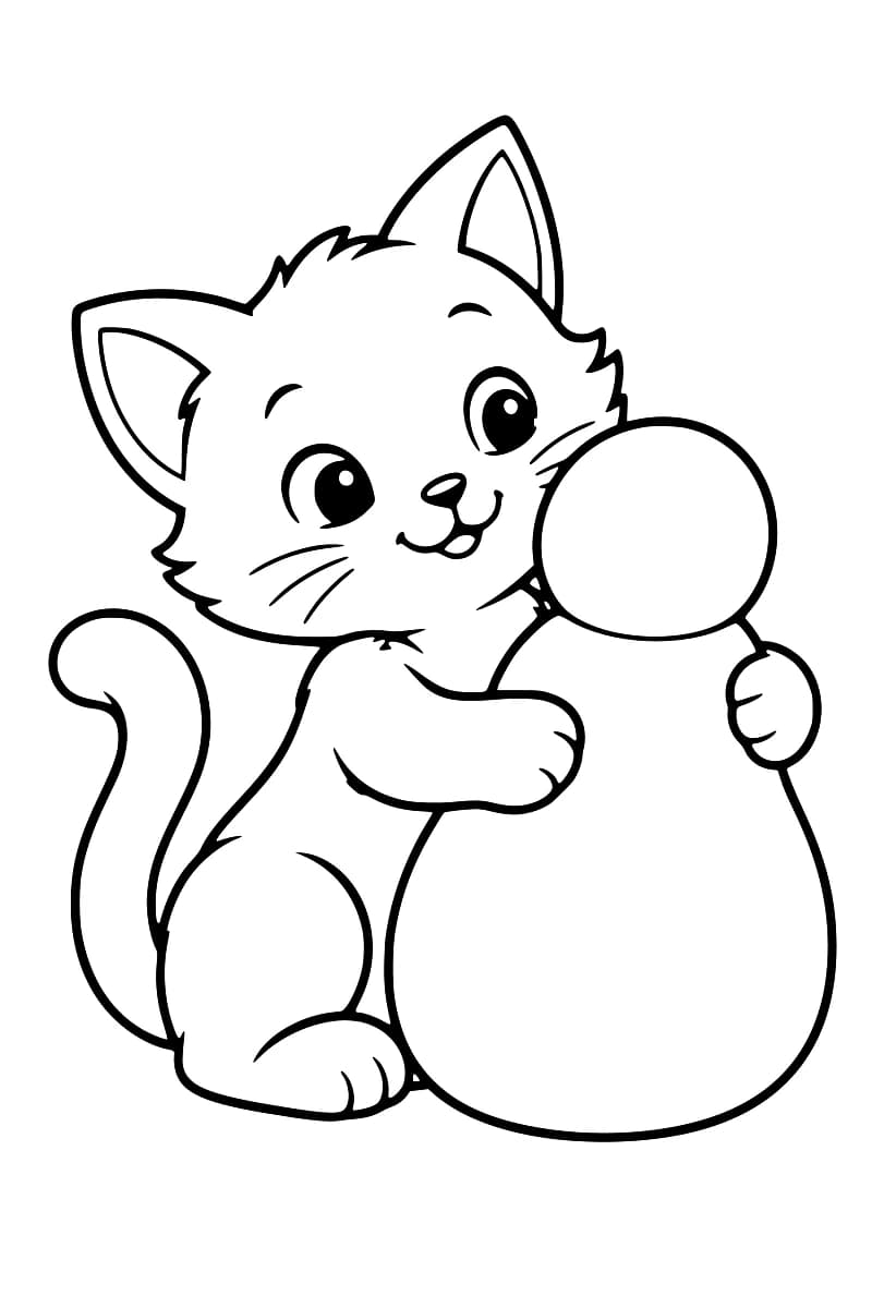 Dessin au trait noir sur fond blanc d’un chaton souriant, assis avec la queue recourbée, tenant entre ses pattes avant un grand culbuto.