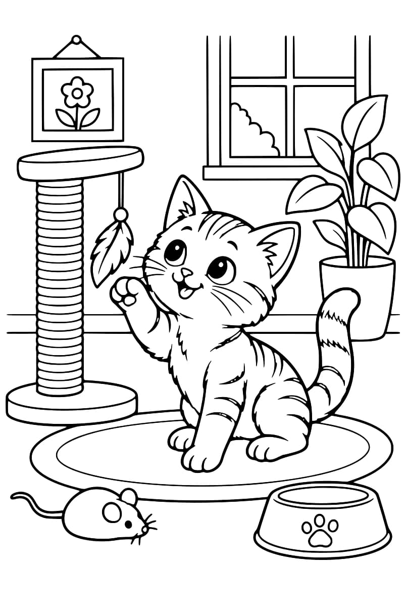 Dessin en noir et blanc d’un chaton jouant avec une plume près d’un griffoir, d’une plante, d’une souris et d’une gamelle.