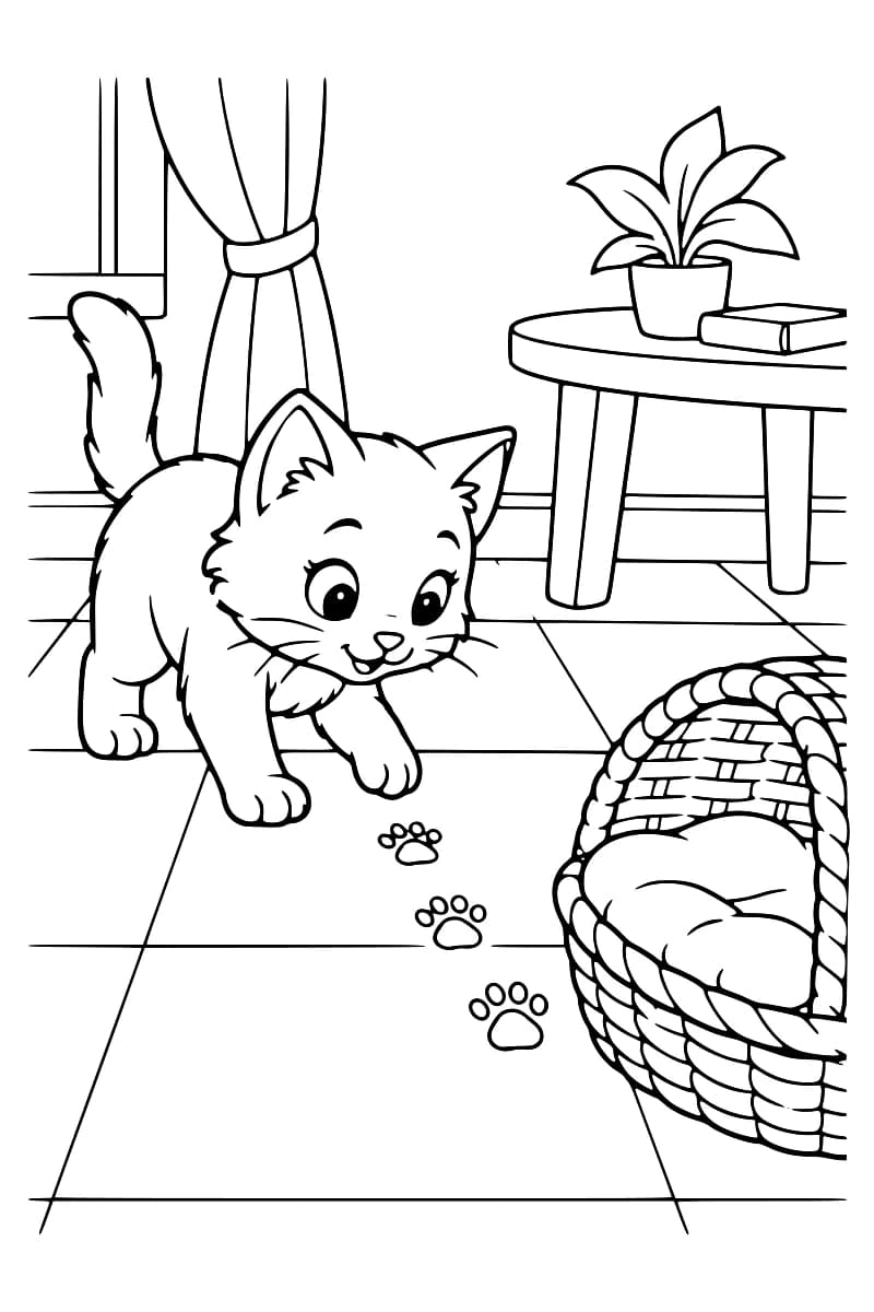 Coloriage d’un chaton avançant sur un sol carrelé vers trois empreintes de pattes et un panier contenant un chat endormi.