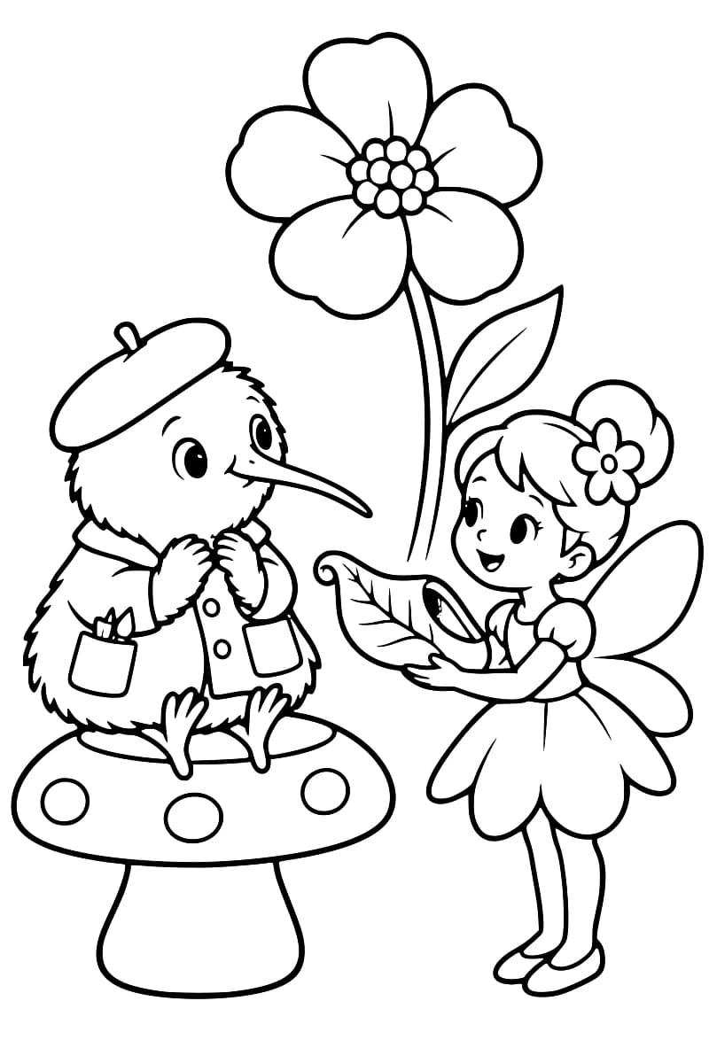 Dessin au trait noir d’un oiseau à long bec portant un béret et une veste, assis sur un champignon à pois face à une fée qui tient un chausson-feuille, avec une grande fleur en arrière-plan.