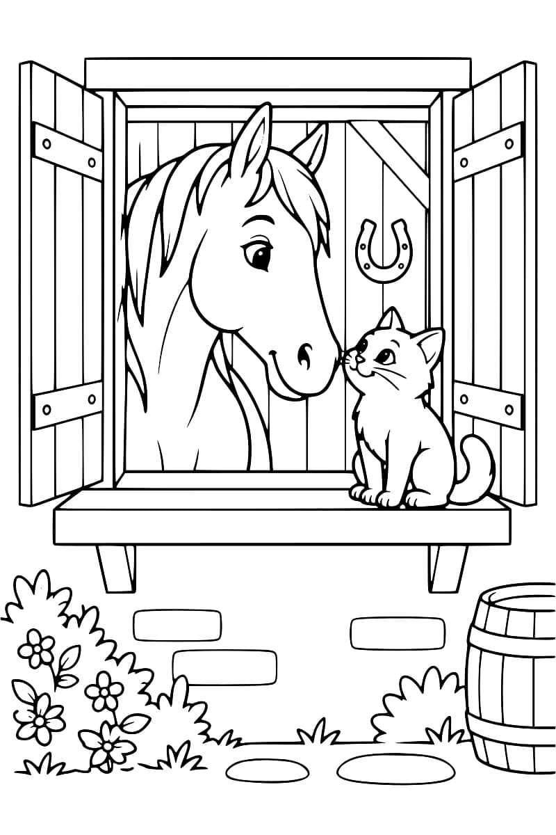 Dessin à colorier d’un cheval et d’un chat dont les museaux se touchent à la fenêtre d’une écurie aux volets ouverts, avec un fer à cheval au mur, des fleurs et un tonneau.