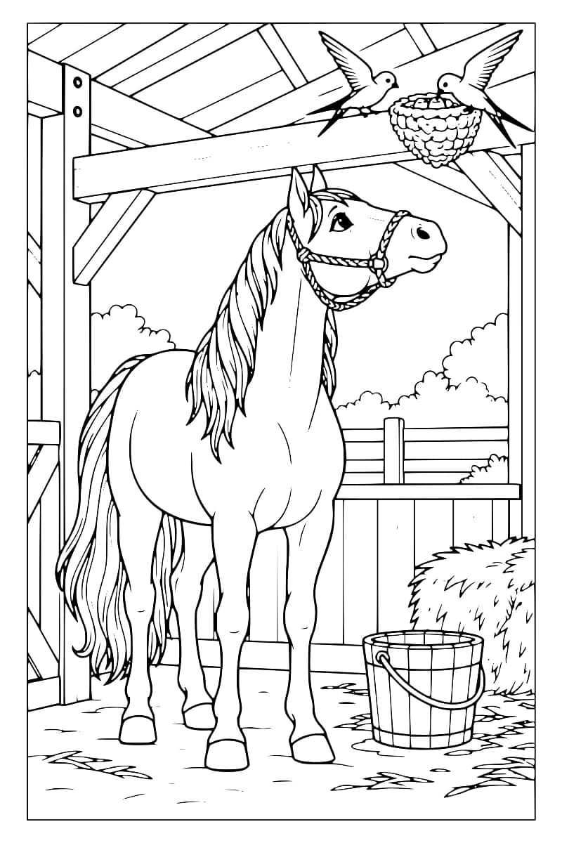 Dessin à colorier d’un cheval portant un licol dans une écurie, sous deux hirondelles aux ailes déployées près d’un nid fixé à une poutre, avec un seau et une botte de foin à ses côtés.