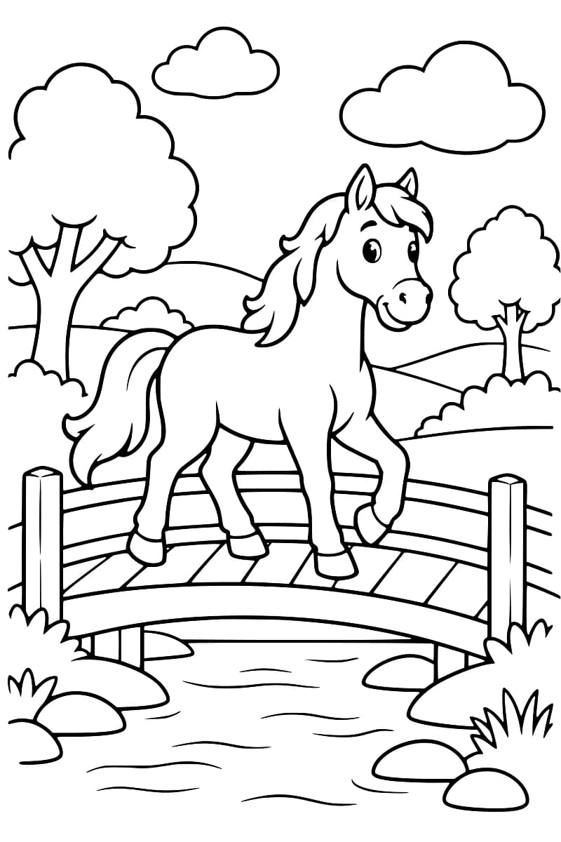 Dessin en noir et blanc d’un cheval sur un pont en bois au-dessus d’un ruisseau, entouré d’arbres, de collines et de nuages.