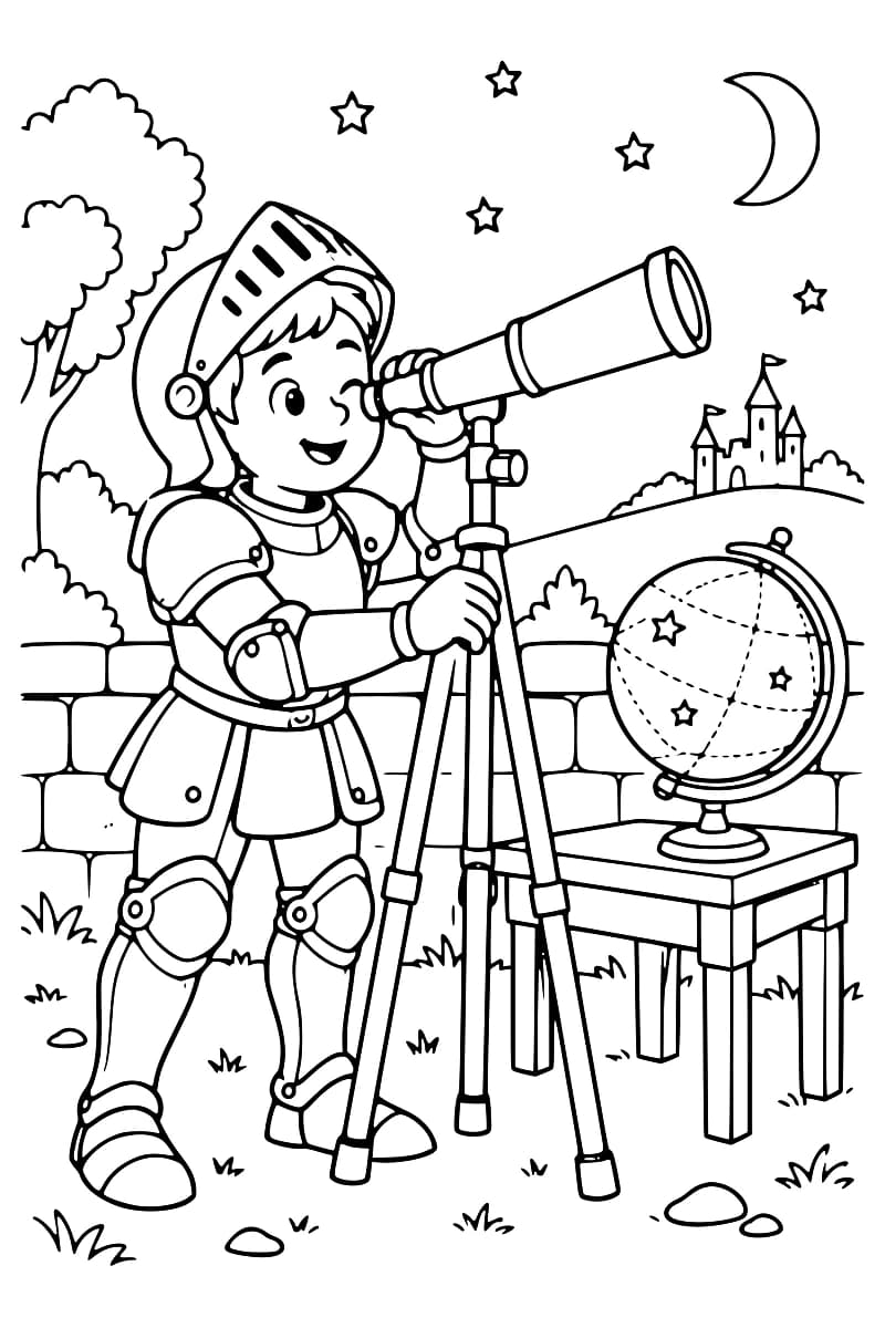 Dessin à colorier d’un jeune chevalier en armure regardant dans une longue-vue sur trépied, à côté d’un globe céleste sur une table, avec un château au loin, des étoiles et un croissant de lune.