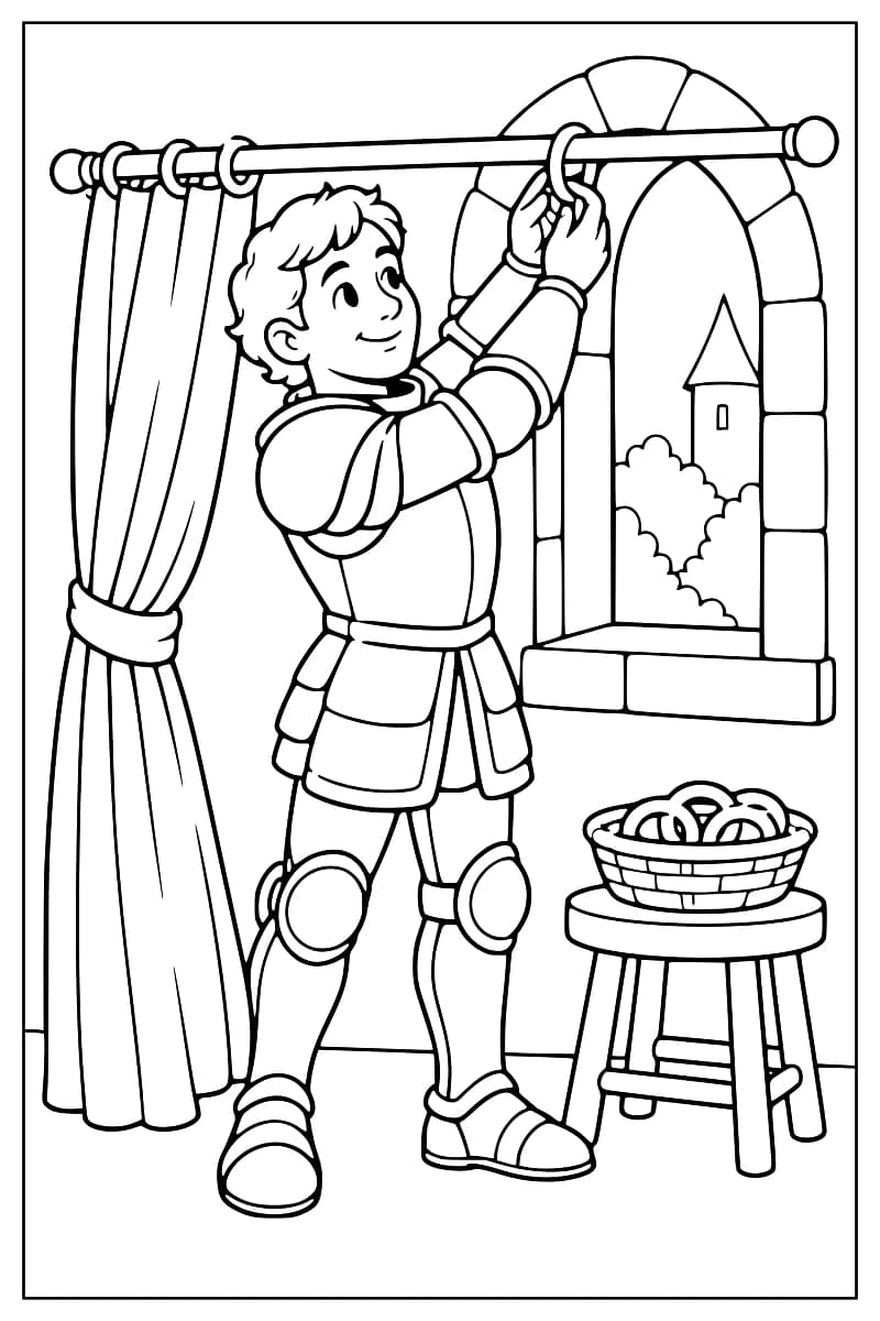 Dessin en noir et blanc d’un chevalier en armure accrochant un anneau à une tringle, avec un rideau noué à gauche et un panier d’anneaux sur un tabouret à droite ; une tour et des arbres sont visibles par la fenêtre.