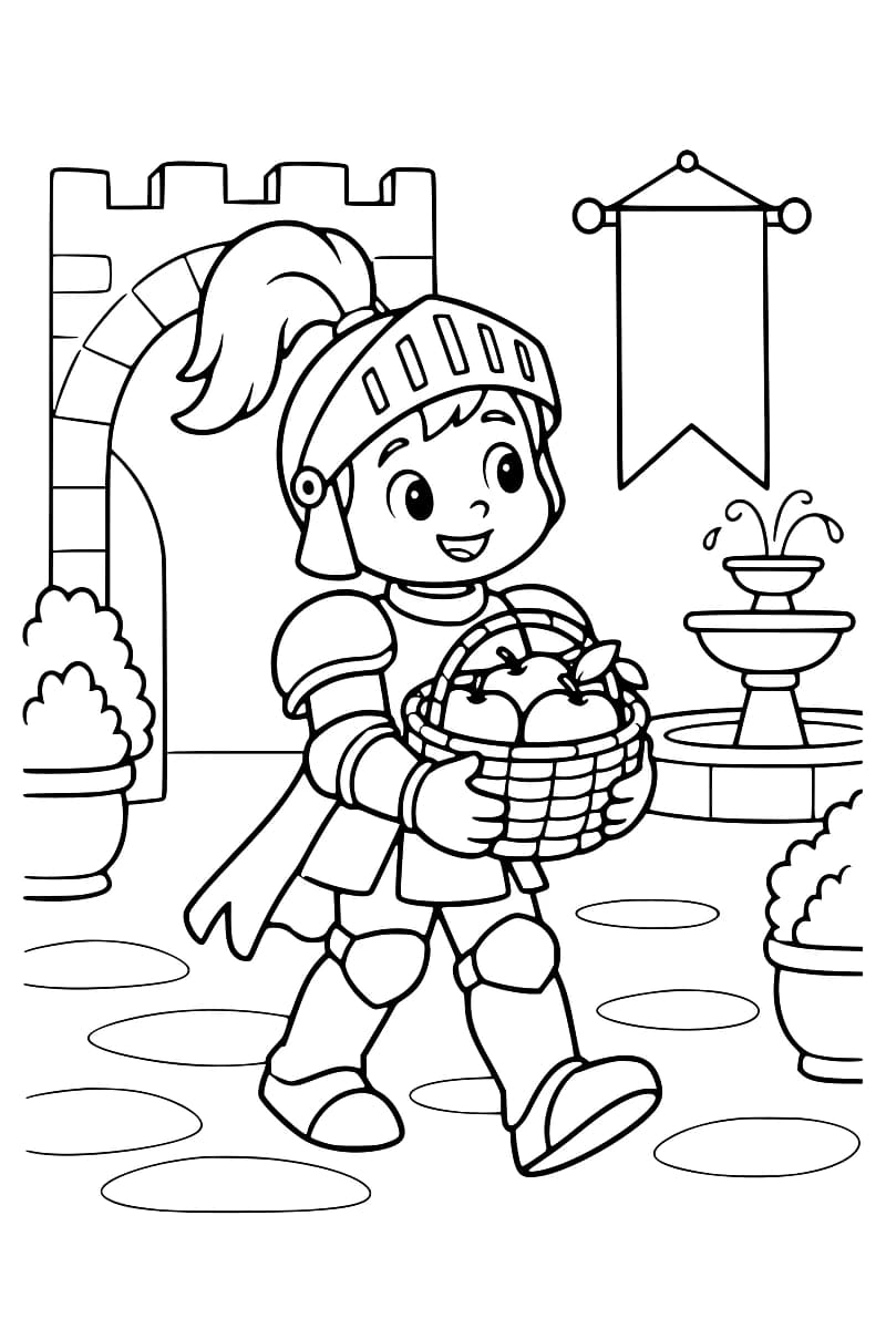 Coloriage d’un jeune chevalier souriant portant un panier de pommes dans la cour d’un château.