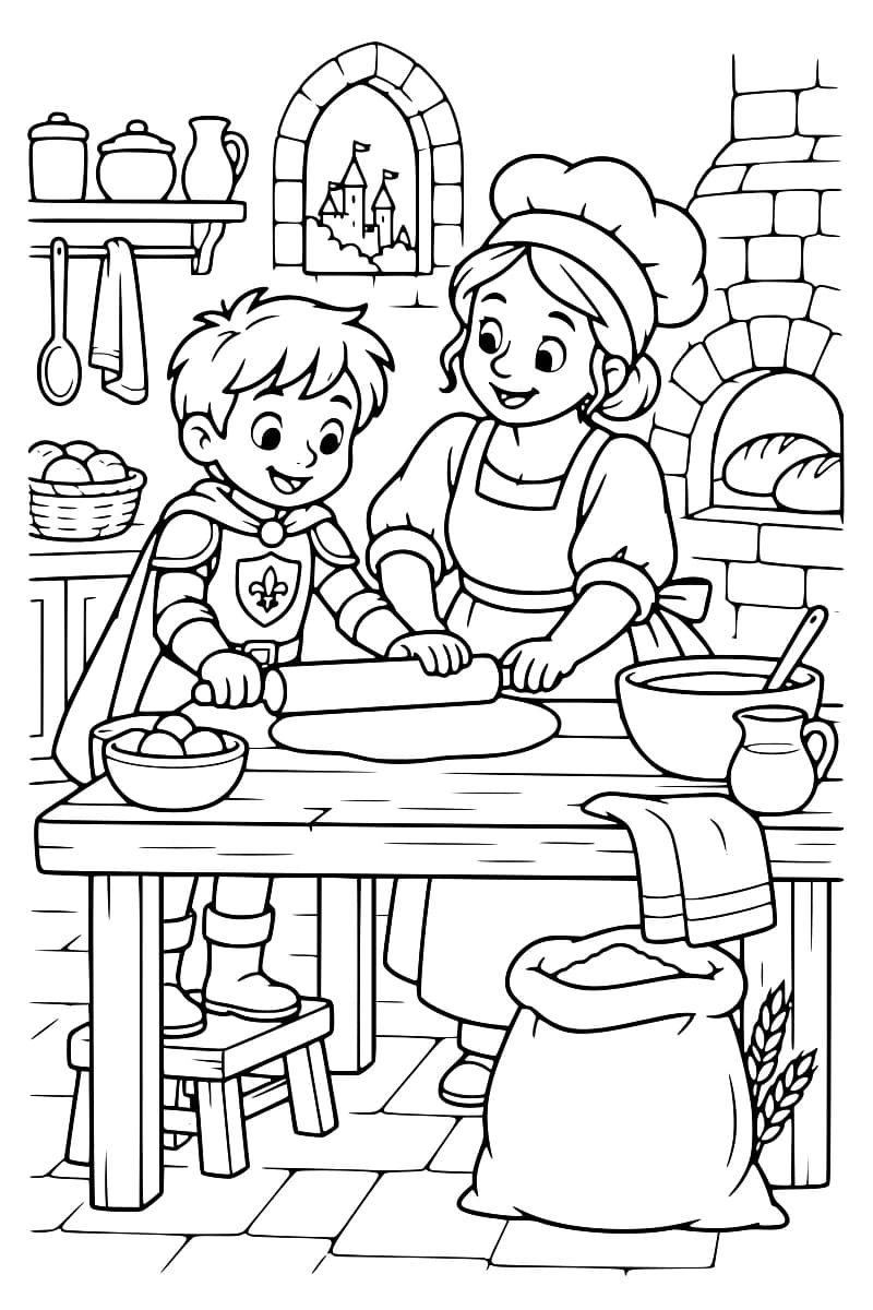 Coloriage montrant un jeune chevalier et une boulangère préparant du pain dans la cuisine d’un château.