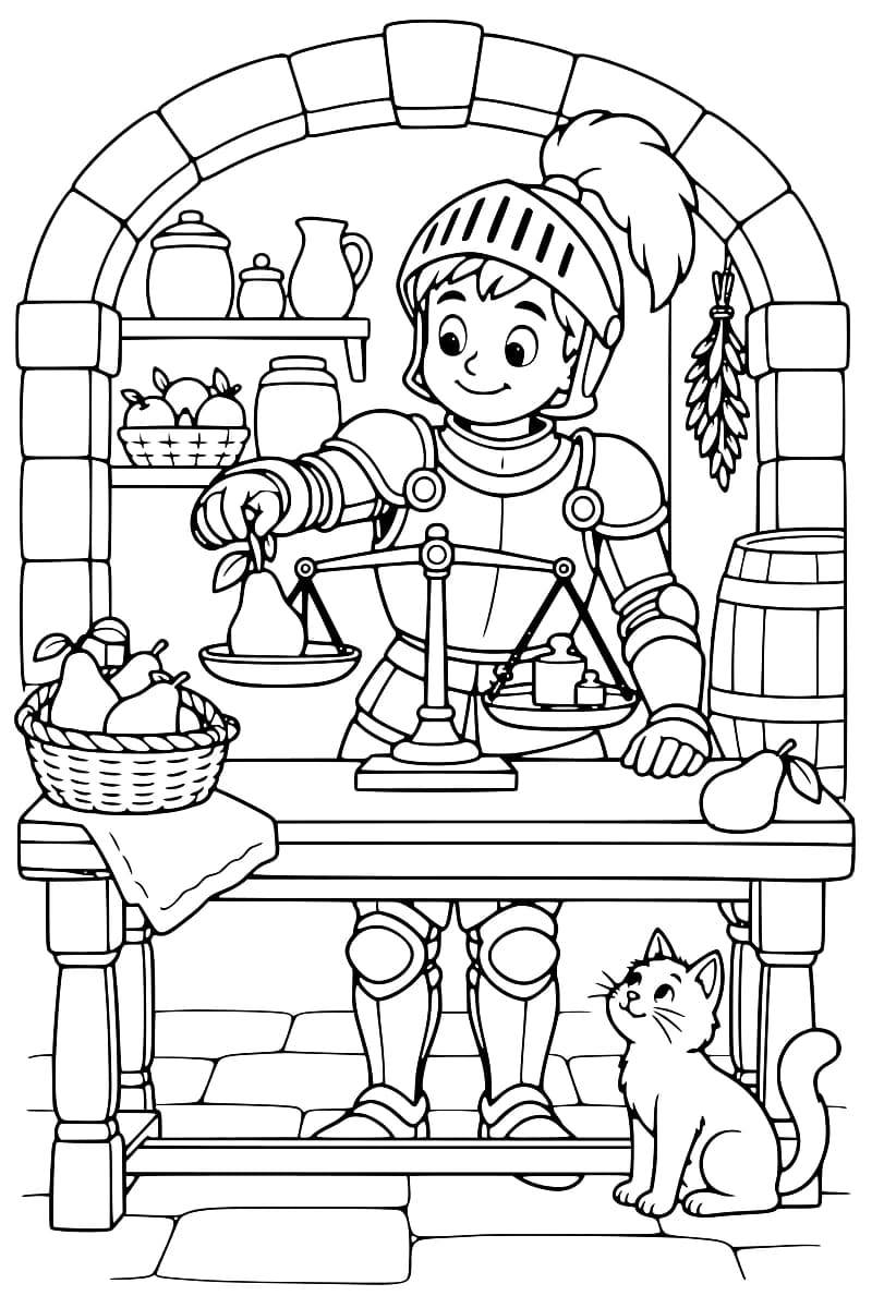 Dessin en noir et blanc d’un chevalier en armure tenant la tige d’une poire posée sur un plateau de balance, face à des poids. Sur la table se trouvent un panier de poires et une poire isolée. Des étagères, des récipients et un tonneau occupent l’arrière-plan, tandis qu’un chat est assis sous la table.